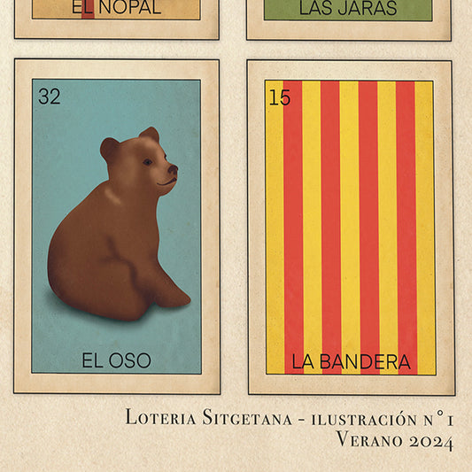 Close-up of the Loteria Sitgetana Verano poster showing the bear symbol for Bears Week and the Catalan flag, both iconic references to Sitges culture