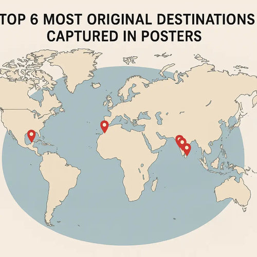 Vintage-style world map with six red location pins marking Alecse’s top travel poster destinations — names intentionally removed to invite discovery in the article