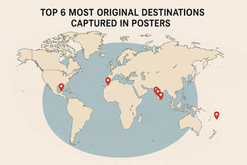 Vintage-style world map with six red location pins marking Alecse’s top travel poster destinations — names intentionally removed to invite discovery in the article