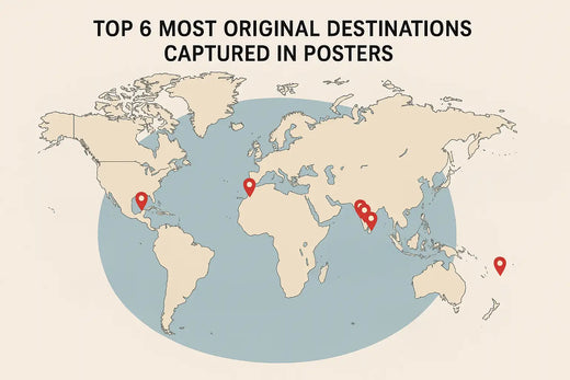 Vintage-style world map with six red location pins marking Alecse’s top travel poster destinations — names intentionally removed to invite discovery in the article