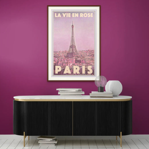 Paris Vintage Limited Edition Travel Art Print "la Vie en Rose" by Alecse on a pink wall