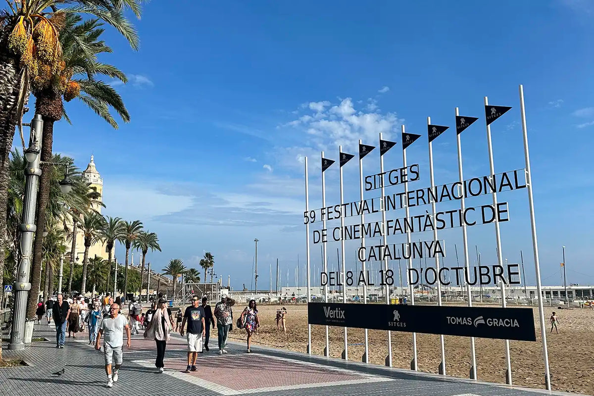 Sitges Film Festival 2026 banners along the Mediterranean seafront in Sitges, Catalonia.