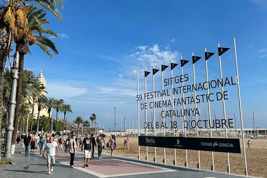 Sitges Film Festival 2026 banners along the Mediterranean seafront in Sitges, Catalonia.