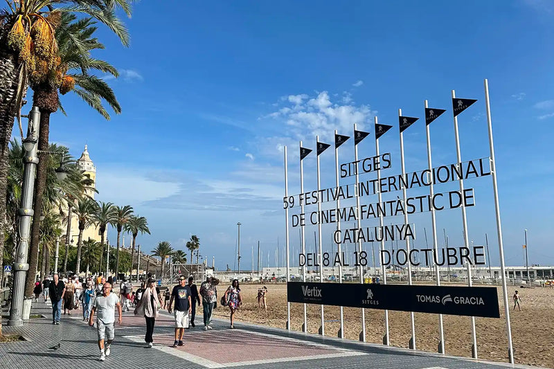 Sitges Film Festival 2026 banners along the Mediterranean seafront in Sitges, Catalonia.