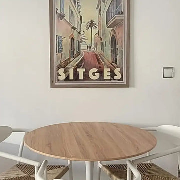 Sitges Poster La Carreta by Alecse displayed in an Airbnb living room