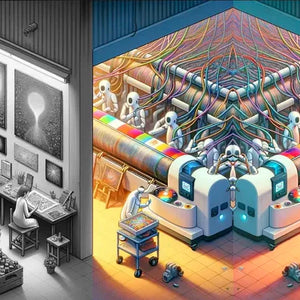 Split illustration contrasting a black-and-white human art studio on the left with a mirrored, colorful AI image factory on the right, symbolizing how the internet increasingly feeds on its own generated images.