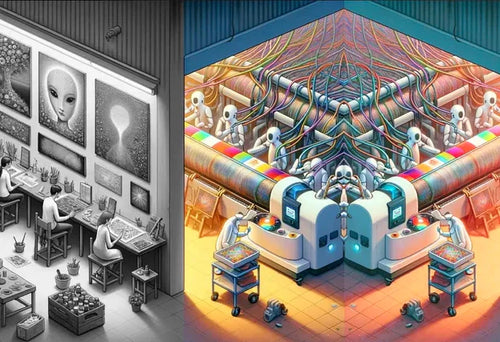 Split illustration contrasting a black-and-white human art studio on the left with a mirrored, colorful AI image factory on the right, symbolizing how the internet increasingly feeds on its own generated images.