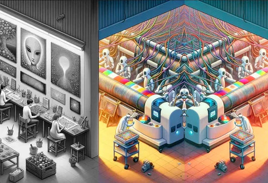 Split illustration contrasting a black-and-white human art studio on the left with a mirrored, colorful AI image factory on the right, symbolizing how the internet increasingly feeds on its own generated images.