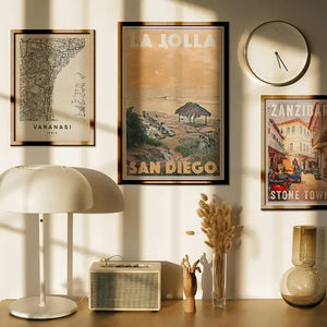 Gallery wall featuring vintage inspired travel posters in a contemporary interior