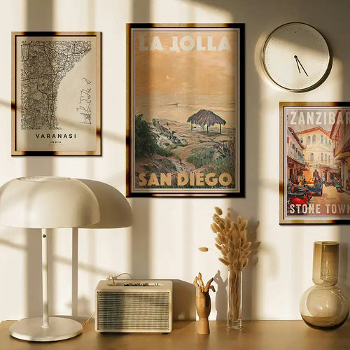 Gallery wall featuring vintage inspired travel posters in a contemporary interior