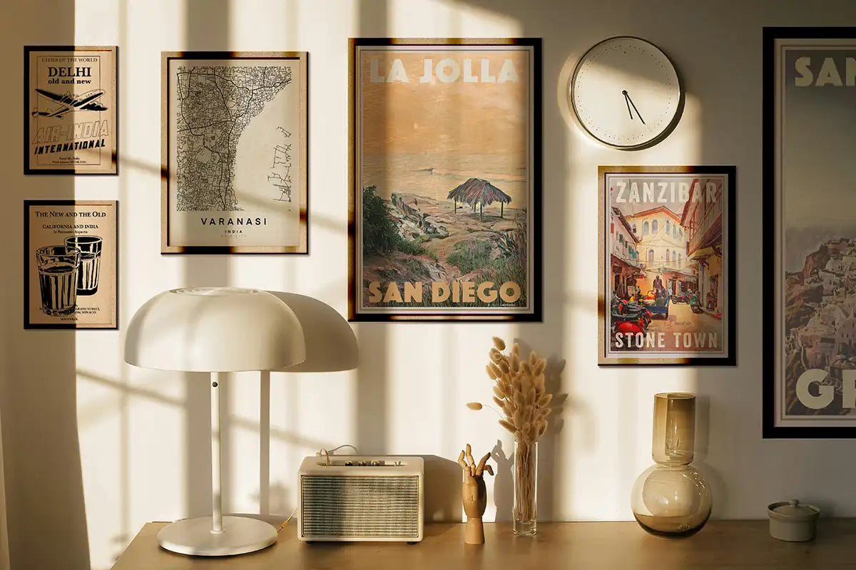 Gallery wall featuring vintage inspired travel posters in a contemporary interior