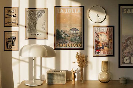 Gallery wall featuring vintage inspired travel posters in a contemporary interior