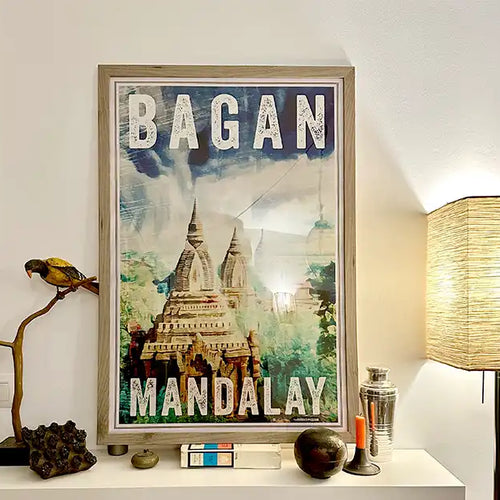Bagan travel poster displayed in a lived in interior, illustrating how meaningful places and travel memories become part of our homes.