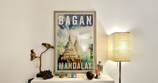 Bagan travel poster displayed in a lived in interior, illustrating how meaningful places and travel memories become part of our homes.