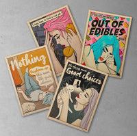 Soft Pop Studio™ Girls’ Comic Posters collection: four retro Pop Art posters featuring witty, colorful designs with playful female characters. Limited edition art perfect as gifts or bold wall decor