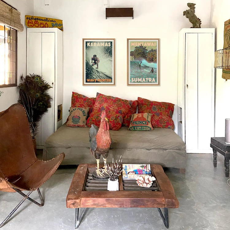 2 surf posters in a Balinese interior from Myretroposter's Surf poster collection