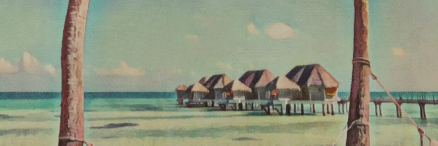 Overwater bungalows on a turquoise lagoon under a bright sky, inspired by Polynesia, representing Alecse’s Dream Destinations – Places We Love vintage travel posters collection.