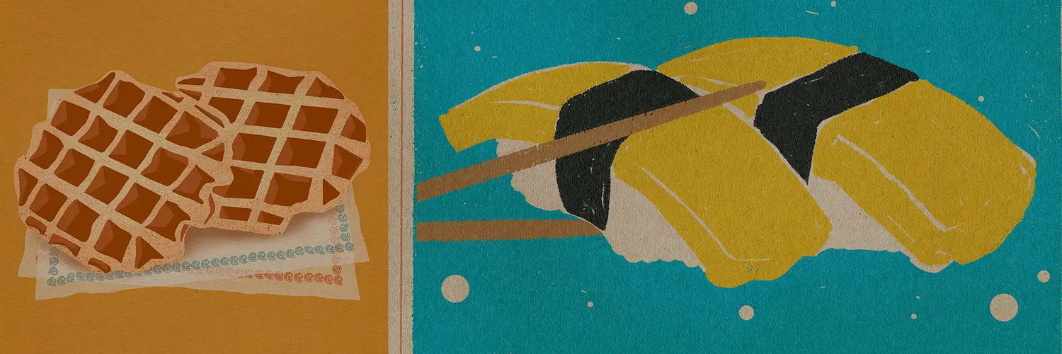 A colorful composition of vintage food and delicacy posters by Cha, featuring retro illustrations of waffles and sushis from MyRetroposter’s collections.
