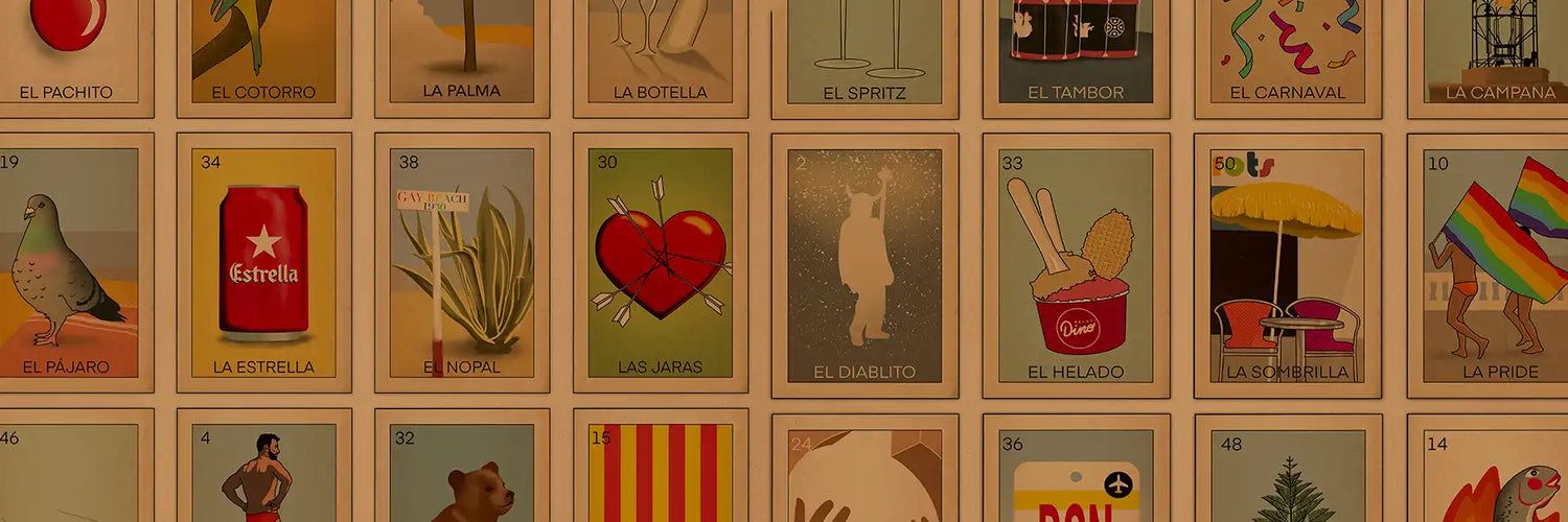 A vibrant composition of Cha’s Lotería Sitgetana posters inspired by the Mexican lottery cards, featuring colorful halftone illustrations and Mediterranean retro style.