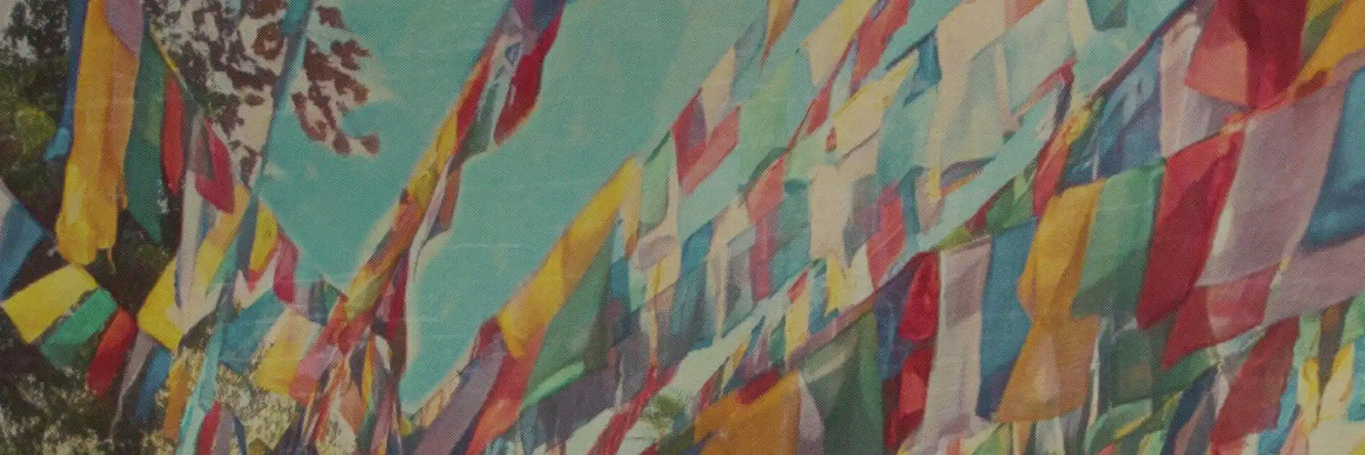 Detail of colorful prayer flags fluttering in the wind under a clear blue sky, from MyRetroposter’s Spirituality Posters collection inspired by Himalayan temples.