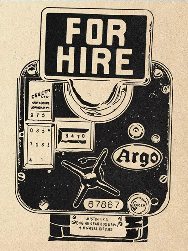 close-up of a vintage-inspired poster from The Great Indian Décor™ collection by Shree, featuring a detailed black-and-beige illustration of an old Indian taxi meter. 