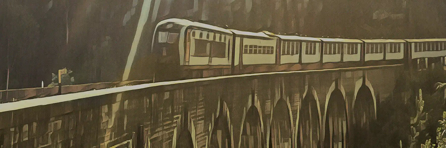 Vintage-style train illustration showing a locomotive crossing an arched bridge in warm tones, from the Train & Tram Posters collection by MyRetroposter.