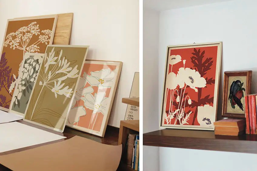Japanese inspired botanical prints from The Herbarium series by Cha, displayed in a warm contemporary interior with earthy colours and decorative floral compositions.