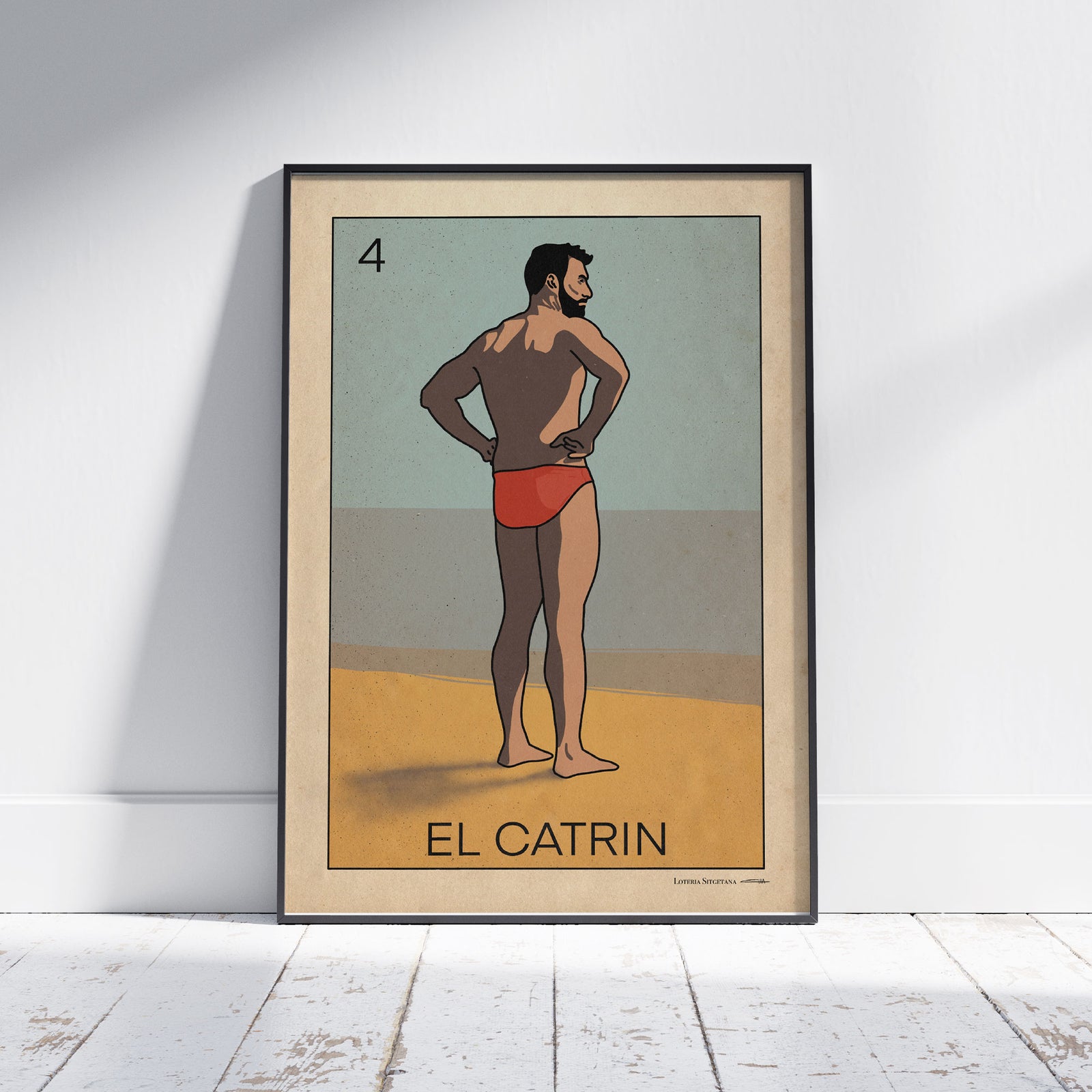 El Catrín Lotería poster by Cha, featuring a modern take on the classic Lotería card with a confident beachgoer in red swim briefs.