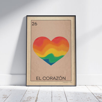 El Corazón Lotería poster by Cha, featuring a modern rainbow heart inspired by the traditional Mexican Lotery game.