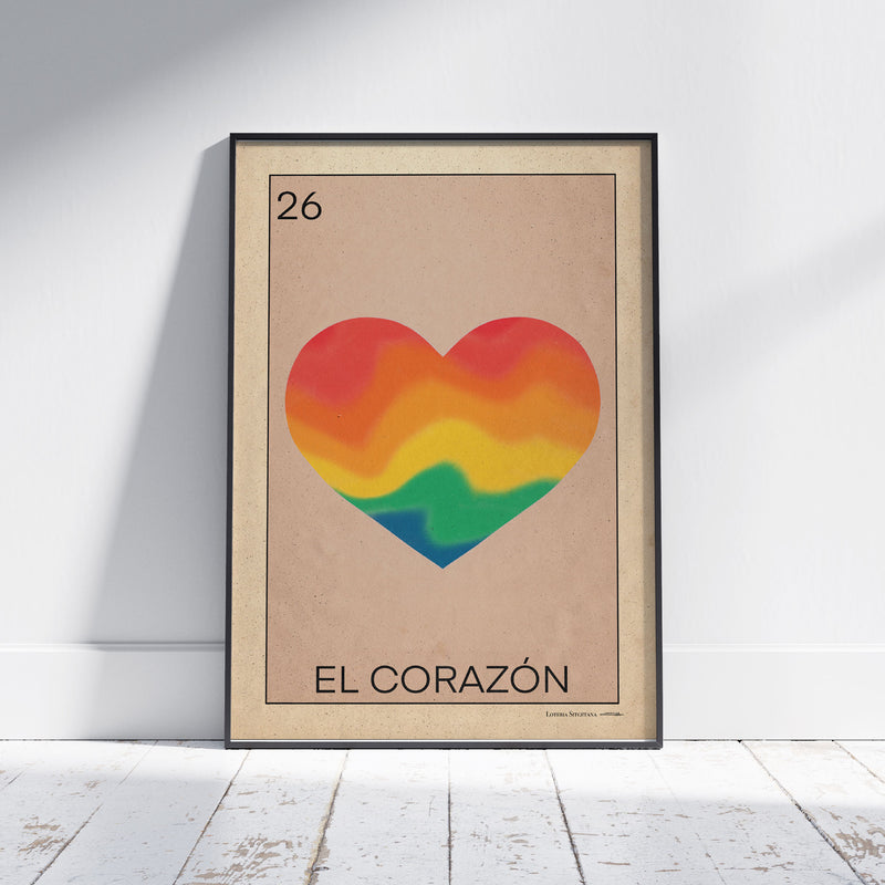 El Corazón Lotería poster by Cha, featuring a modern rainbow heart inspired by the traditional Mexican Lotery game.