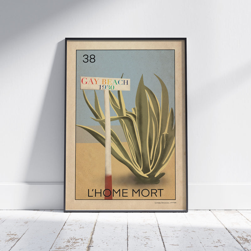 L’Home Mort Lotería poster by Cha, featuring a signpost marking Sitges’ iconic LGBTQ+ beach, Gay Beach 1930, with a Nopal cactus in the background.