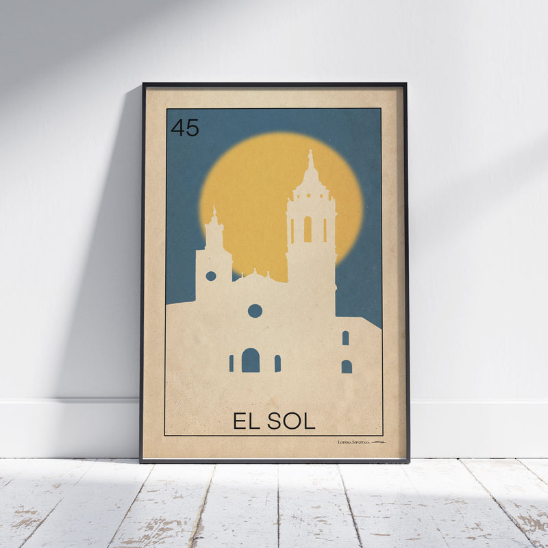 El Sol Lotería poster by Cha, featuring the silhouette of Sitges’ church against a golden sun in a Mexican Lotería-inspired design.
