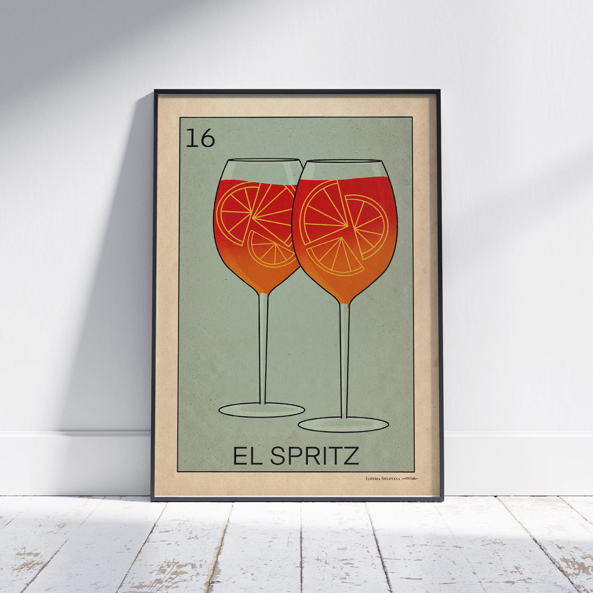 El Spritz Lotería poster by Cha, a cocktail-themed art print inspired by Mexican Lotery. A sophisticated tribute to aperitivo culture and mixology