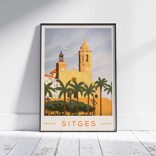 Affiche Coucher de soleil à Sitges par Cha, une belle illustration de Sitges mettant en valeur le spectaculaire coucher de soleil sur l'église de Santa Tecla
