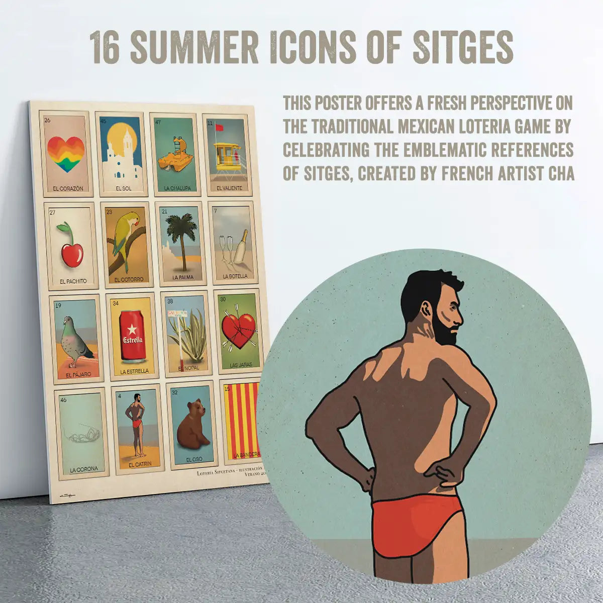 Poster '16 Summer Icons of Sitges' by Cha, featuring reimagined Mexican Loteria cards with Sitges icons