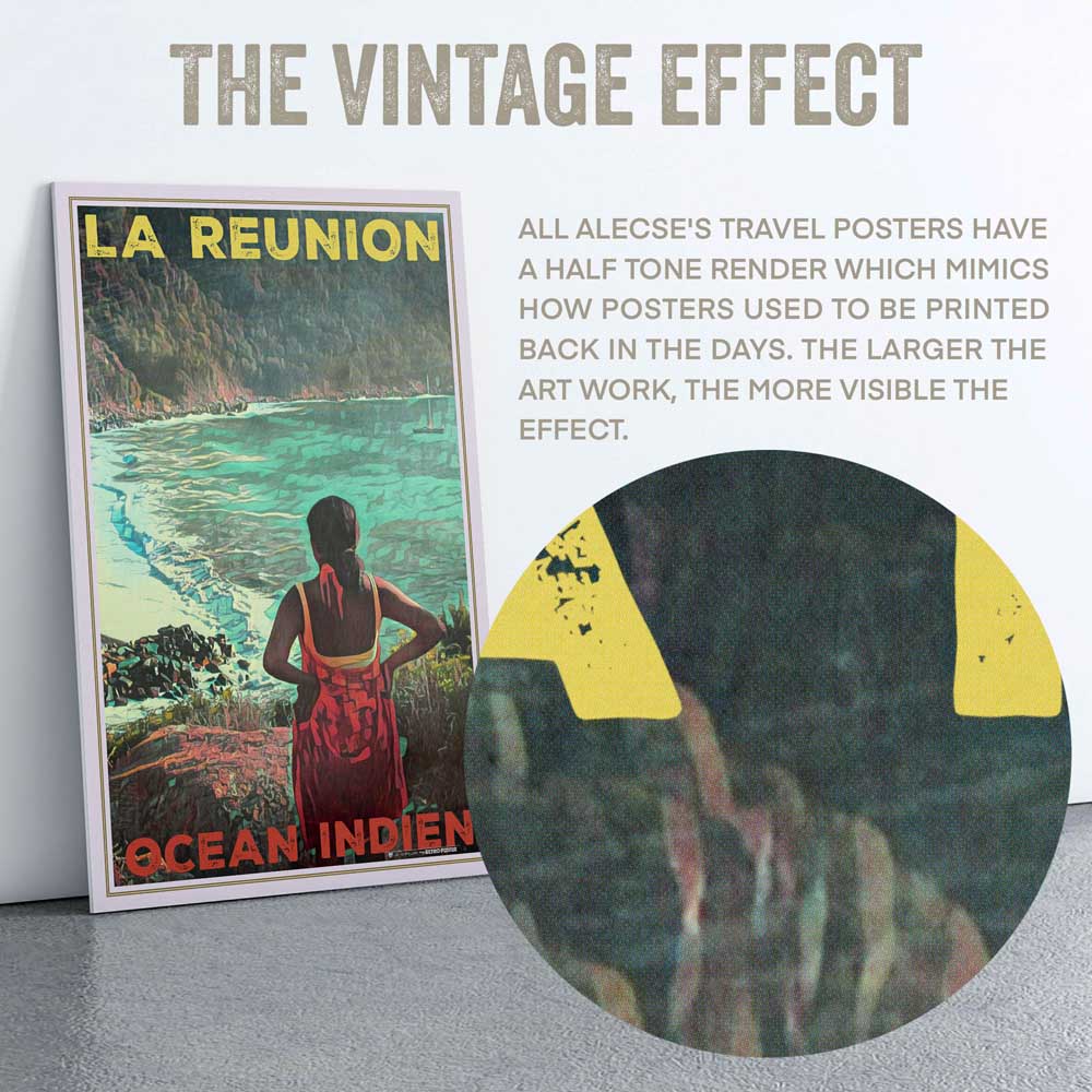 The image is a vintage travel poster for "La Reunion" by Alecese, featuring a woman in a red dress standing in front of a scenic ocean view. The poster has a vintage aesthetic, with a half-tone rendering that mimics the way posters were printed in the past. The larger the artwork, the more visible the effect.