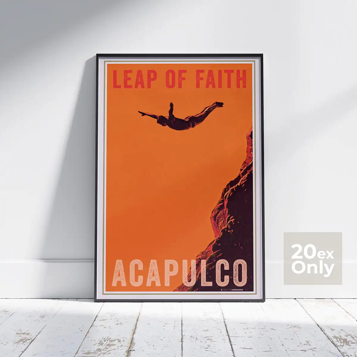 Framed Acapulco Leap of Faith poster by Alecse showing a diver silhouette against an orange sky, limited edition 20 ex.