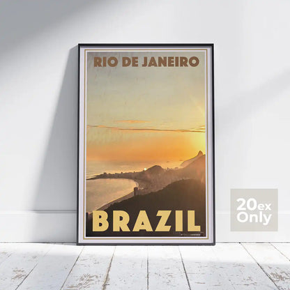 Framed limited edition 20 ex 'Rio Sunset' poster by Alecse, depicting the iconic Rio de Janeiro skyline bathed in the hues of dusk