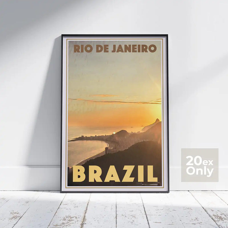 Framed limited edition 20 ex 'Rio Sunset' poster by Alecse, depicting the iconic Rio de Janeiro skyline bathed in the hues of dusk