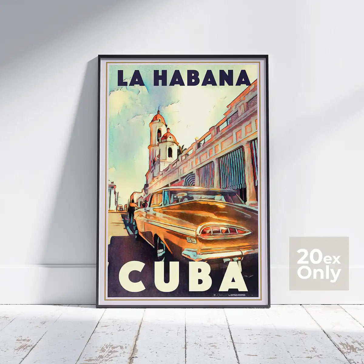 Framed La Habana 59 poster by Alecse featuring vintage car and colonial church, limited edition 20 ex.