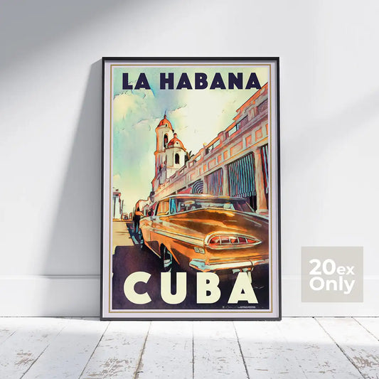 Framed La Habana 59 poster by Alecse featuring vintage car and colonial church, limited edition 20 ex.