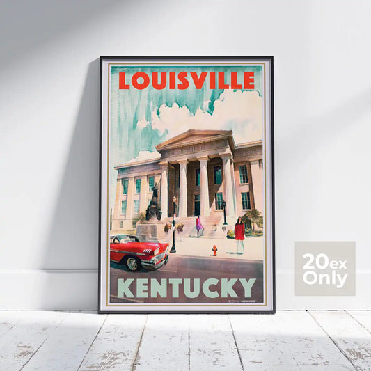 Framed Louisville Kentucky poster by Alecse showing red Cadillac and courthouse, limited edition 20 ex.