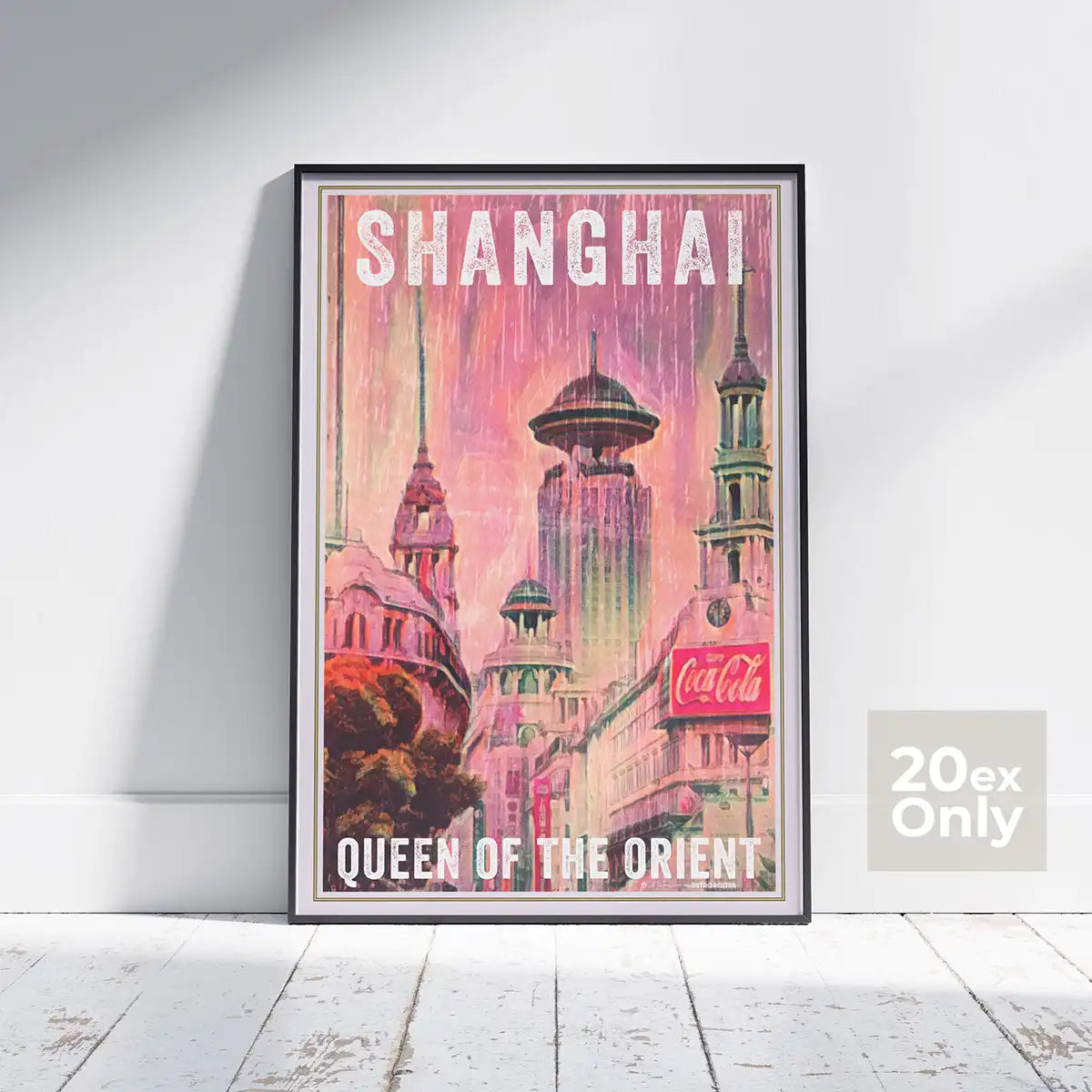 Framed Shanghai Queen of the Orient poster by Alecse showing the retro Bund skyline, limited edition 20 ex.