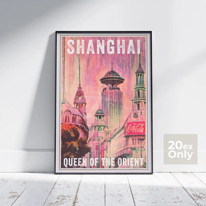 Framed Shanghai Queen of the Orient poster by Alecse showing the retro Bund skyline, limited edition 20 ex.