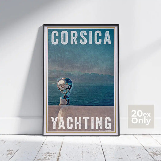 Framed Yachting in Corsica poster by Alecse showing chrome spotlight and blue sea, limited edition 20 ex.