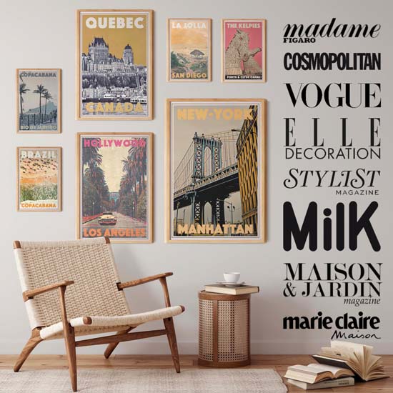 a chair sitting in front of a wall with retro posters on it and a list of famous magazines where Alecse's Travel Posters have been featured