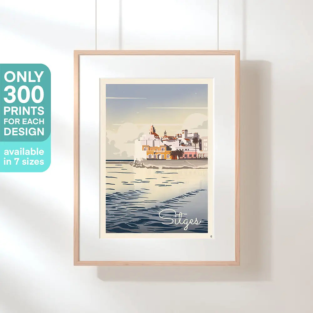 Sitges Mer poster by Cha – limited edition of 300 prints, Mediterranean seaside illustration with calm sea and white coastal architecture