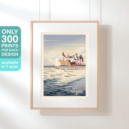 Sitges Mer poster by Cha – limited edition of 300 prints, Mediterranean seaside illustration with calm sea and white coastal architecture