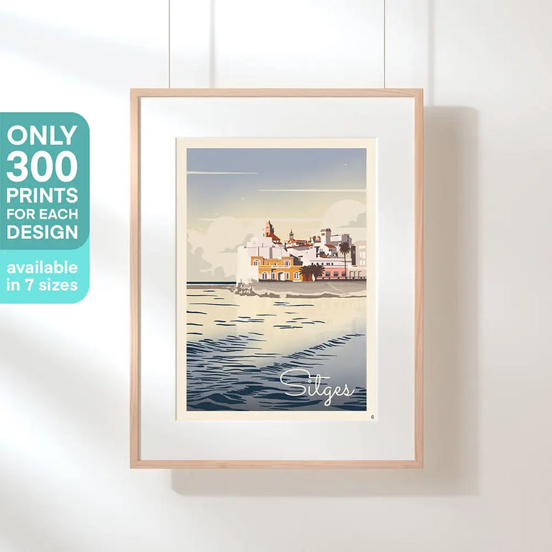 Sitges Mer poster by Cha – limited edition of 300 prints, Mediterranean seaside illustration with calm sea and white coastal architecture