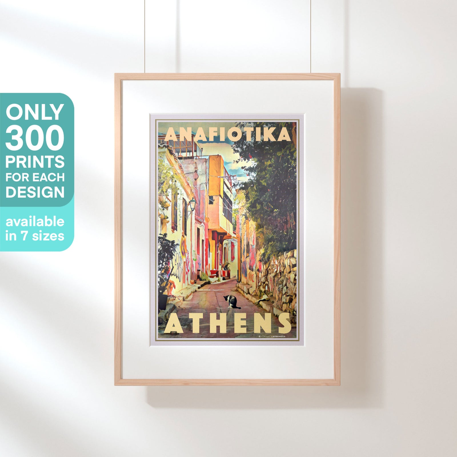 Framed Anafiotika Athens travel poster suspended on a white wall, part of Alecse’s limited-edition retro collection